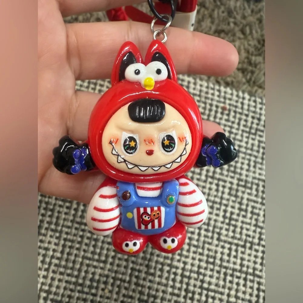 Labubu the monster mobile phone lanyard keychain, Red